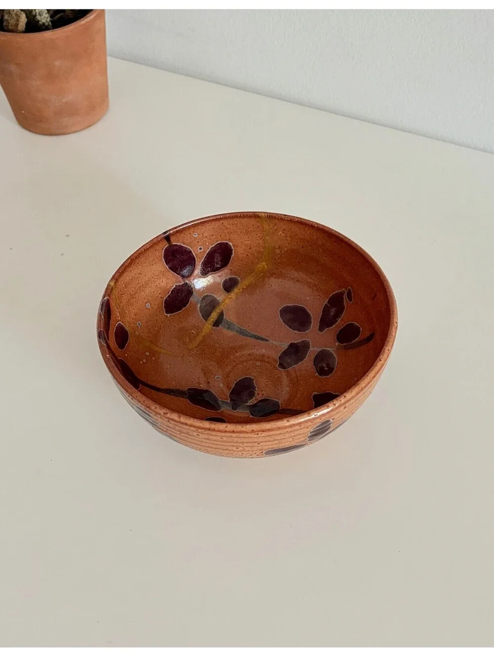 Kintsugi Stoneware Bowl Vintage Studio Pottery Speckled Hand Painted Florals